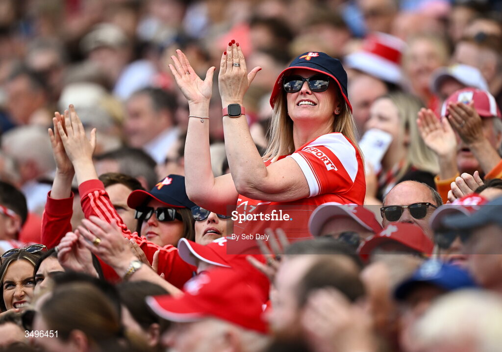 28 June 2026; A Louth supporter celebrates during the GAA Football All-Ireland Senior Championship quarter-final match between Louth and Monaghan at Croke Park in Dublin. Photo by Seb Daly/Sportsfile