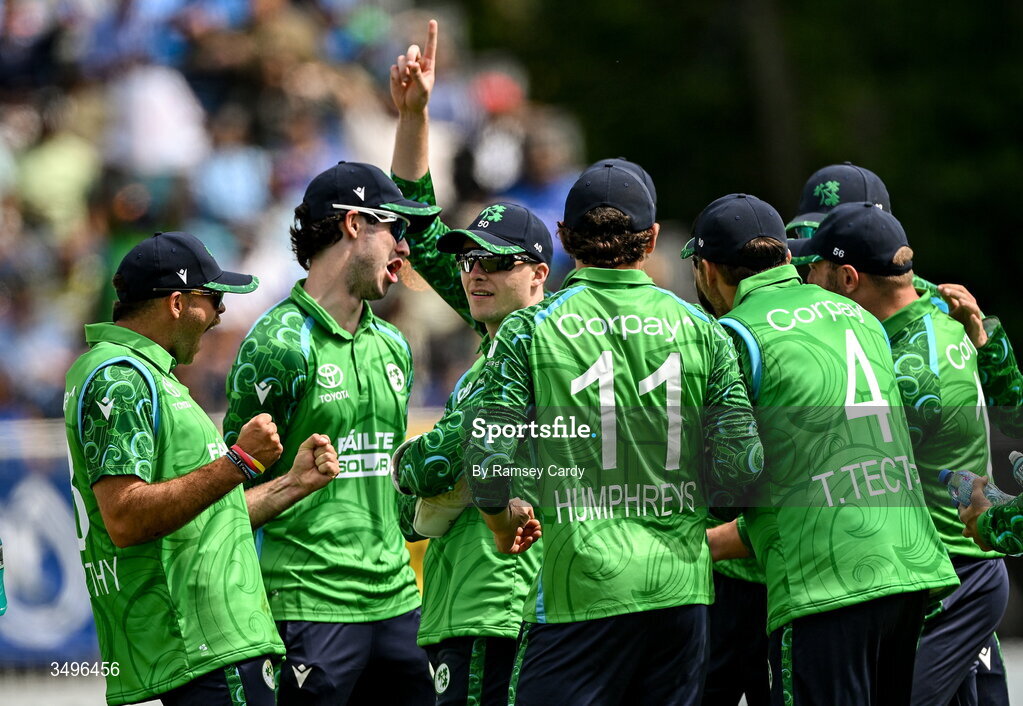 28 June 2026; Ireland layers celebrate the wicket of Sanju Samson of India during match two of the Spinny Cup Men's T20 International series between Ireland and India at Stormont in Belfast.  Photo by Ramsey Cardy/Sportsfile