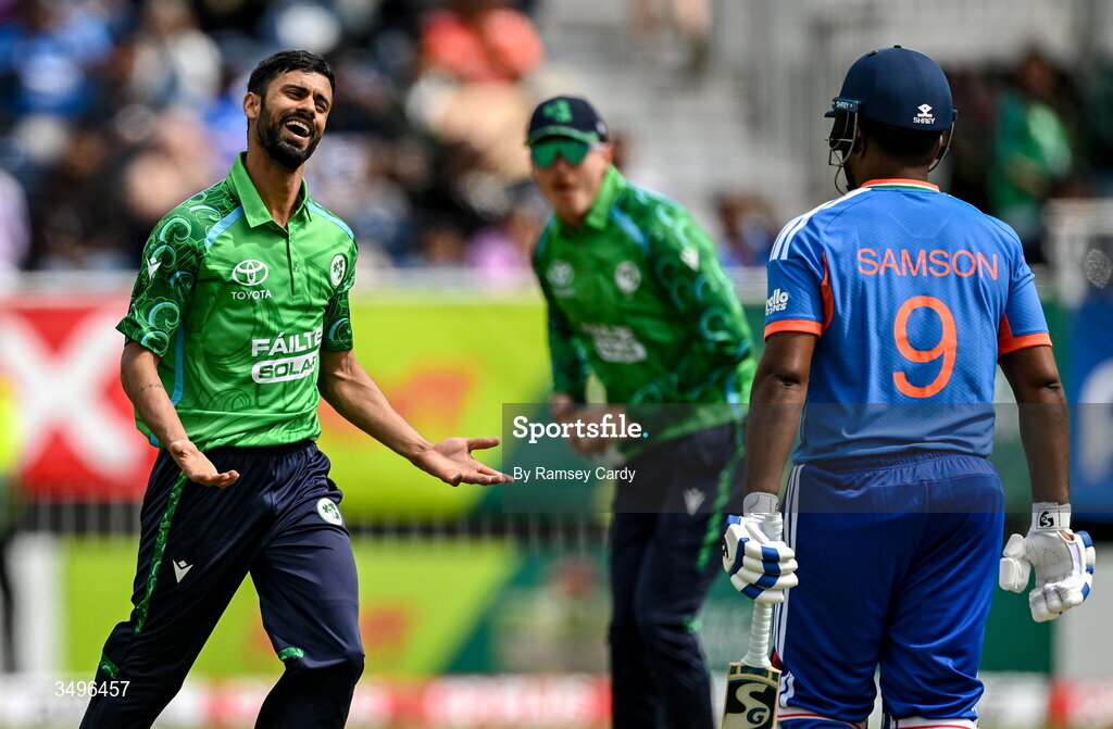28 June 2026; Jai Moondra of Ireland celebrates taking the wicket of Sanju Samson of India during match two of the Spinny Cup Men's T20 International series between Ireland and India at Stormont in Belfast.  Photo by Ramsey Cardy/Sportsfile