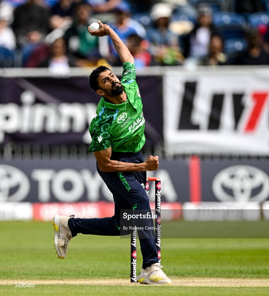 28 June 2026; Ireland bowler Jai Moondra during match two of the Spinny Cup Men's T20 International series between Ireland and India at Stormont in Belfast.  Photo by Ramsey Cardy/Sportsfile