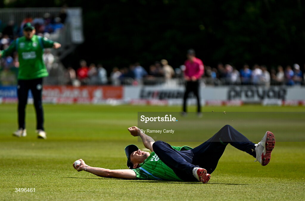 28 June 2026; Matthew Hollard of Ireland celebrates the wicket of Abhishek Sharma of India during match two of the Spinny Cup Men's T20 International series between Ireland and India at Stormont in Belfast. Photo by Ramsey Cardy/Sportsfile