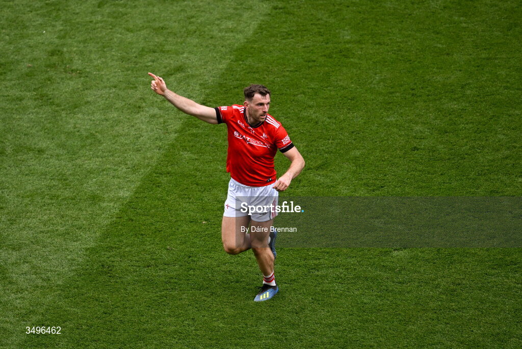 28 June 2026; Sam Mulroy of Louth celebrates after the GAA Football All-Ireland Senior Championship quarter-final match between Louth and Monaghan at Croke Park in Dublin. Photo by Daire Brennan/Sportsfile
