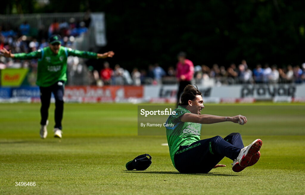 28 June 2026; Matthew Hollard of Ireland celebrates the wicket of Abhishek Sharma of India during match two of the Spinny Cup Men's T20 International series between Ireland and India at Stormont in Belfast. Photo by Ramsey Cardy/Sportsfile