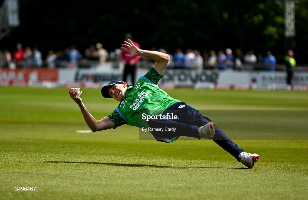 28 June 2026; Matthew Hollard of Ireland catches the wicket of Abhishek Sharma of India during match two of the Spinny Cup Men's T20 International series between Ireland and India at Stormont in Belfast. Photo by Ramsey Cardy/Sportsfile