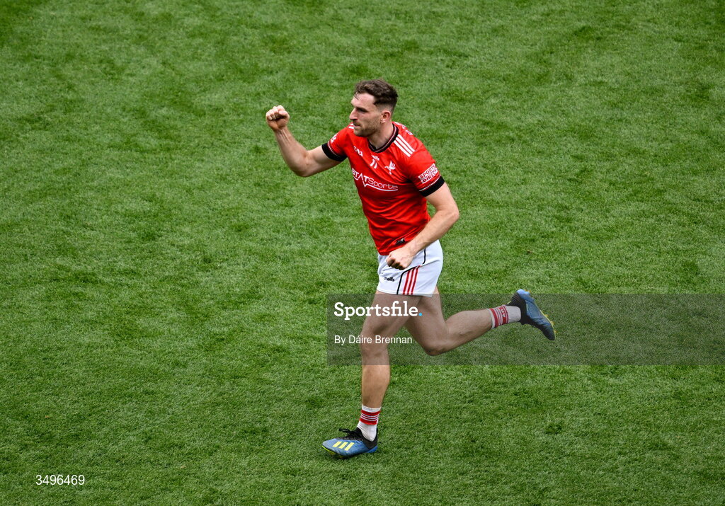 28 June 2026; Sam Mulroy of Louth celebrates after the GAA Football All-Ireland Senior Championship quarter-final match between Louth and Monaghan at Croke Park in Dublin. Photo by Daire Brennan/Sportsfile