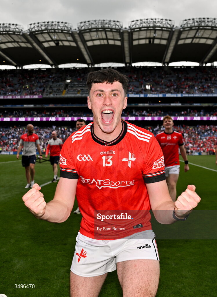 28 June 2026; Kieran McArdle of Louth celebrates after his side's victory in the GAA Football All-Ireland Senior Championship quarter-final match between Louth and Monaghan at Croke Park in Dublin. Photo by Sam Barnes/Sportsfile