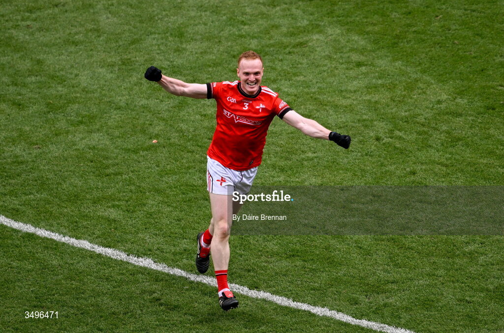 28 June 2026; Donal Mc Kenny of Louth celebrates after the GAA Football All-Ireland Senior Championship quarter-final match between Louth and Monaghan at Croke Park in Dublin. Photo by Daire Brennan/Sportsfile
