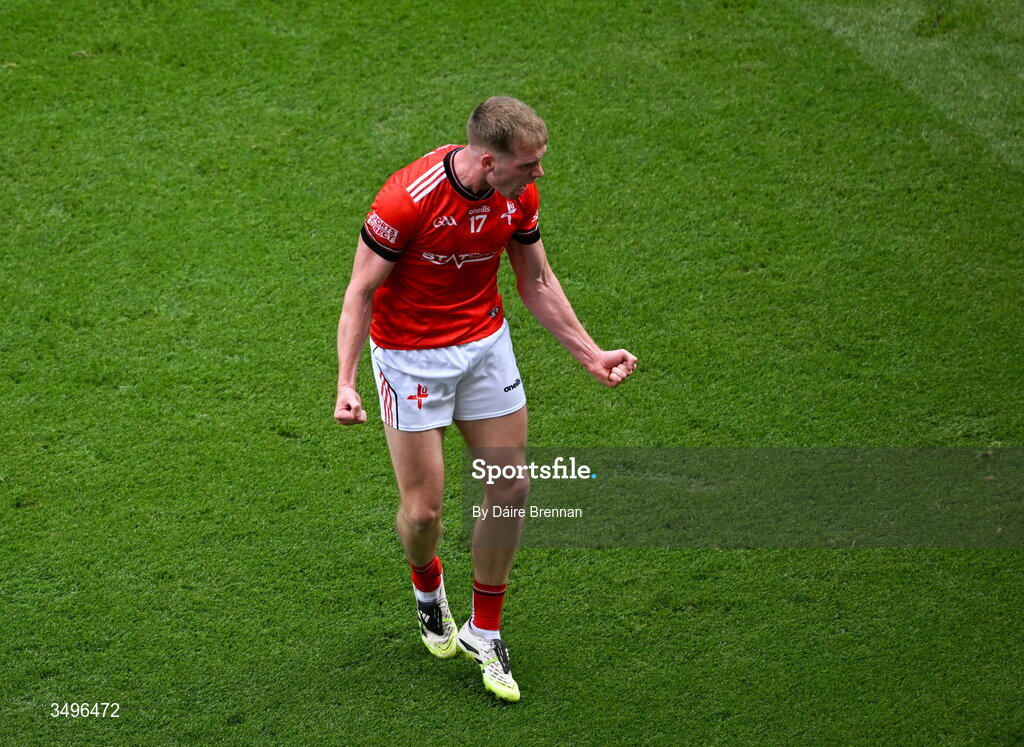 28 June 2026; Ciaran Byrne of Louth celebrates after the GAA Football All-Ireland Senior Championship quarter-final match between Louth and Monaghan at Croke Park in Dublin. Photo by Daire Brennan/Sportsfile