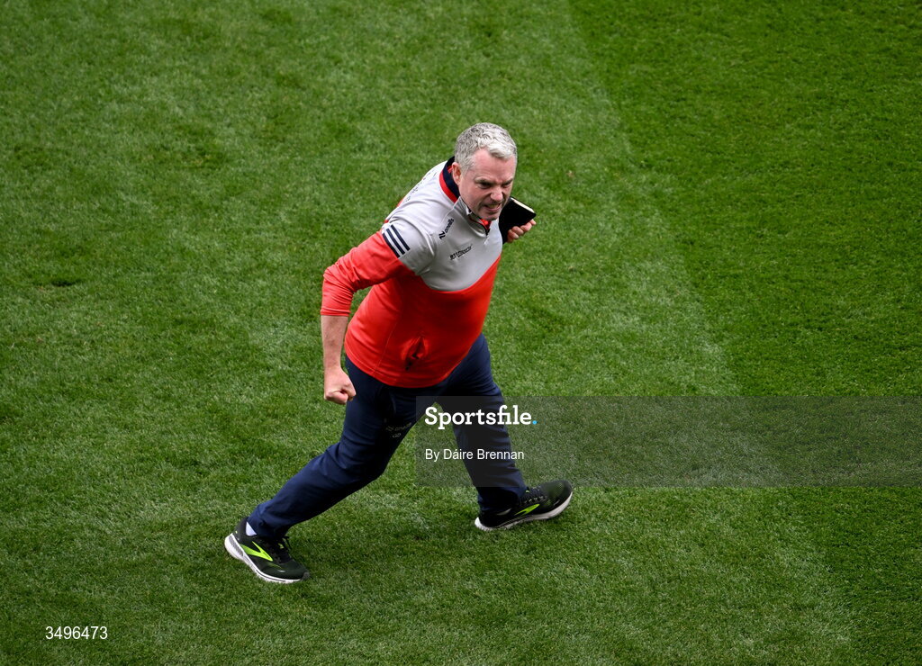 28 June 2026; Louth manager Gavin Devlin celebrates after the GAA Football All-Ireland Senior Championship quarter-final match between Louth and Monaghan at Croke Park in Dublin. Photo by Daire Brennan/Sportsfile