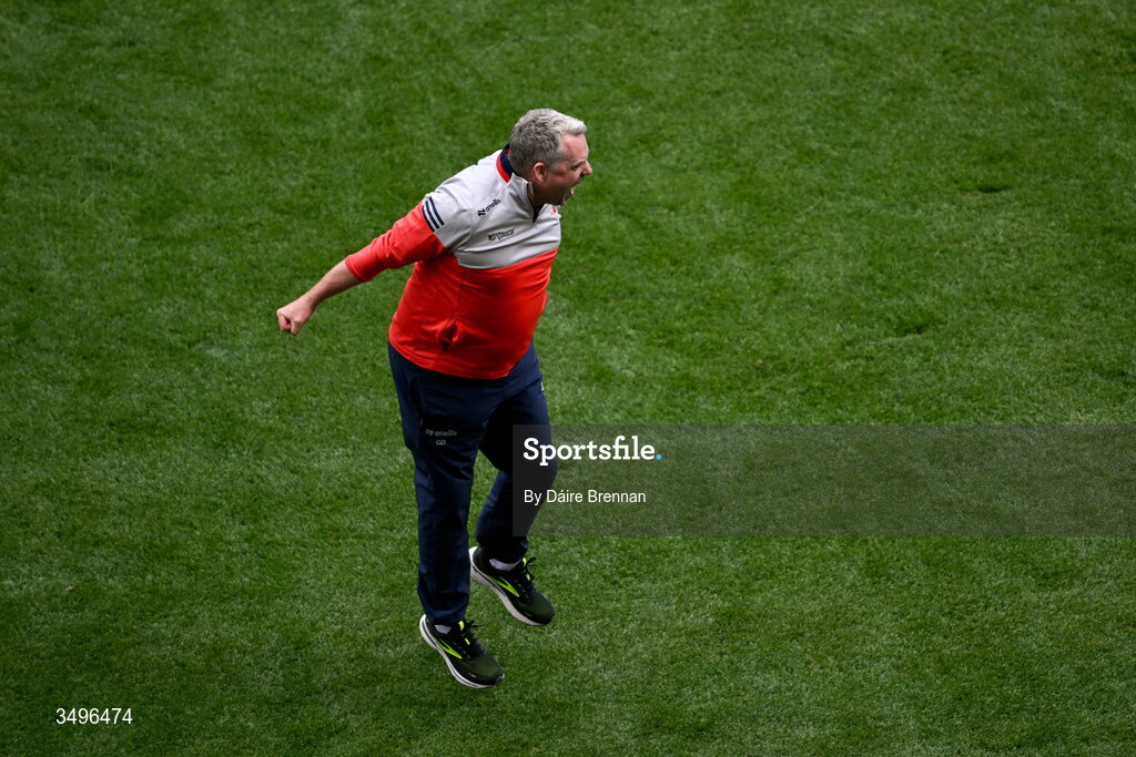 28 June 2026; Louth manager Gavin Devlin celebrates after the GAA Football All-Ireland Senior Championship quarter-final match between Louth and Monaghan at Croke Park in Dublin. Photo by Daire Brennan/Sportsfile