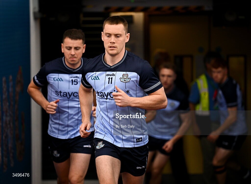 28 June 2026; Con O'Callaghan of Dublin leads his side out before the GAA Football All-Ireland Senior Championship quarter-final match between Dublin and Galway at Croke Park in Dublin. Photo by Seb Daly/Sportsfile
