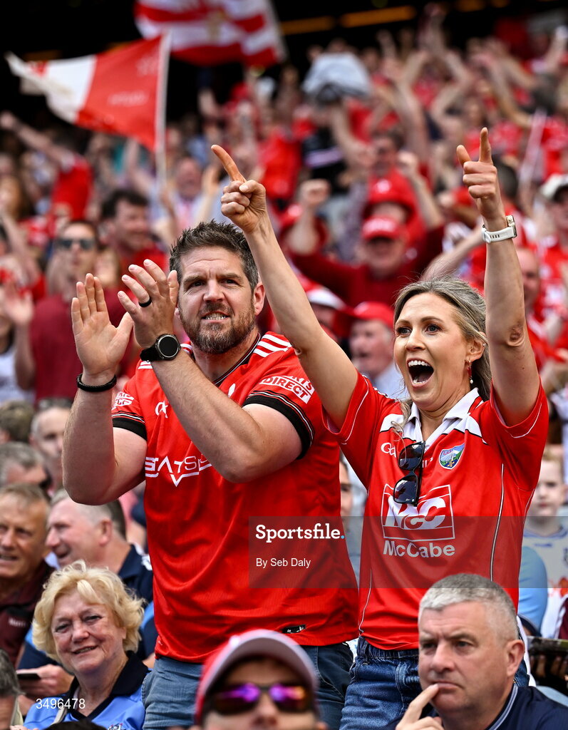 28 June 2026; Louth supporters celebrate during the GAA Football All-Ireland Senior Championship quarter-final match between Louth and Monaghan at Croke Park in Dublin. Photo by Seb Daly/Sportsfile