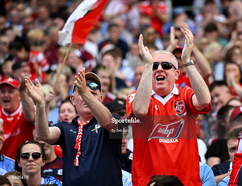 28 June 2026; Louth supporters celebrate during the GAA Football All-Ireland Senior Championship quarter-final match between Louth and Monaghan at Croke Park in Dublin. Photo by Seb Daly/Sportsfile