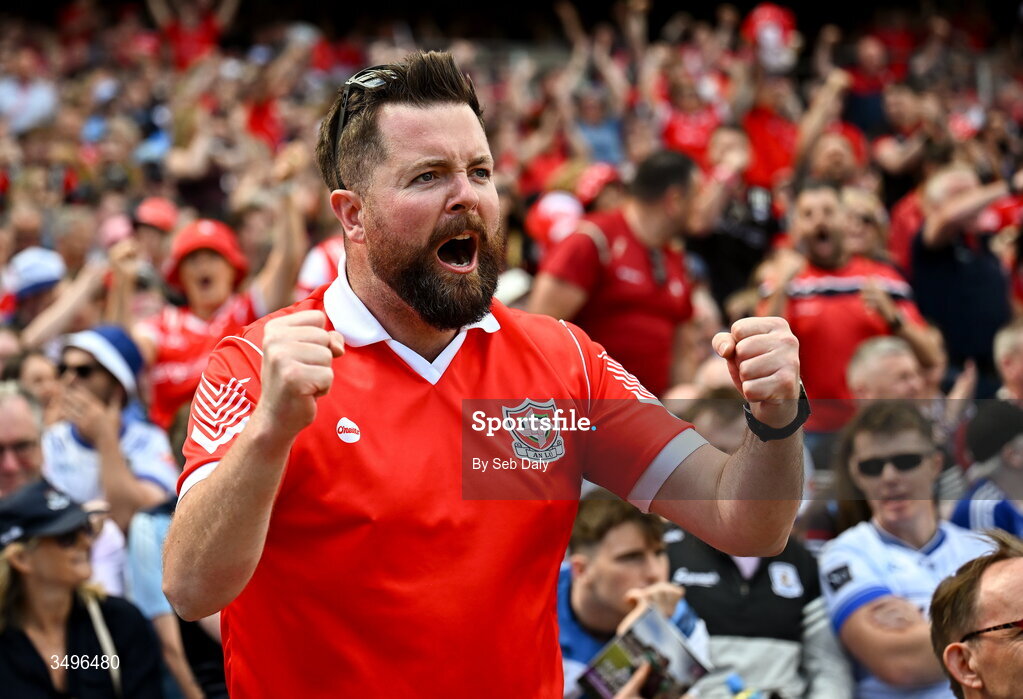 28 June 2026; Louth supporters celebrate during the GAA Football All-Ireland Senior Championship quarter-final match between Louth and Monaghan at Croke Park in Dublin. Photo by Seb Daly/Sportsfile