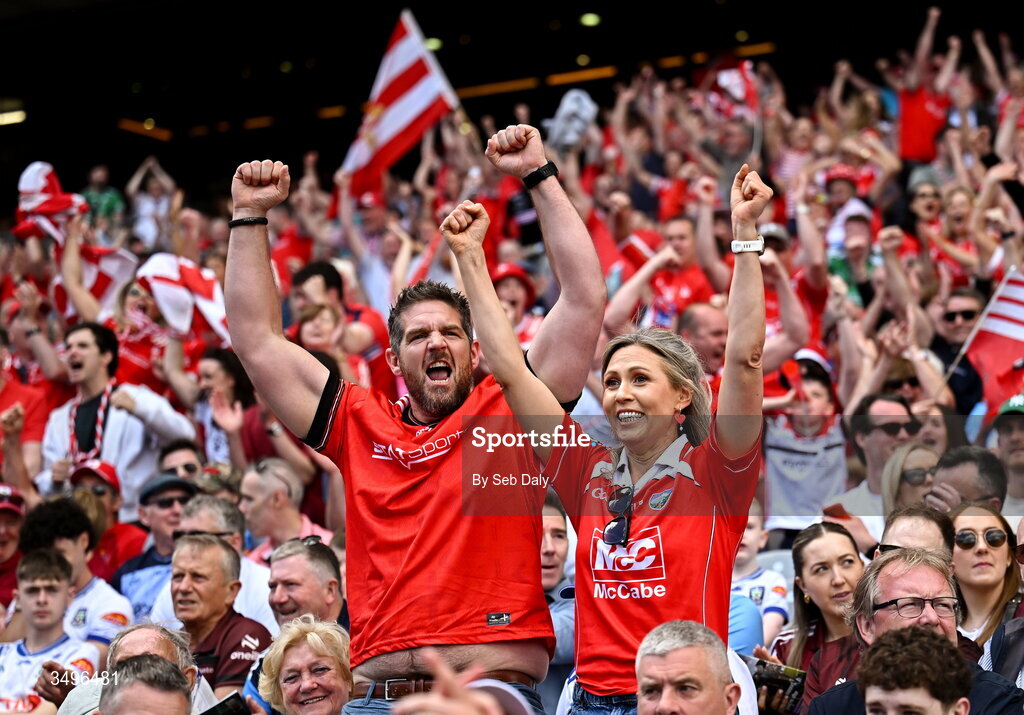 28 June 2026; Louth supporters celebrate during the GAA Football All-Ireland Senior Championship quarter-final match between Louth and Monaghan at Croke Park in Dublin. Photo by Seb Daly/Sportsfile