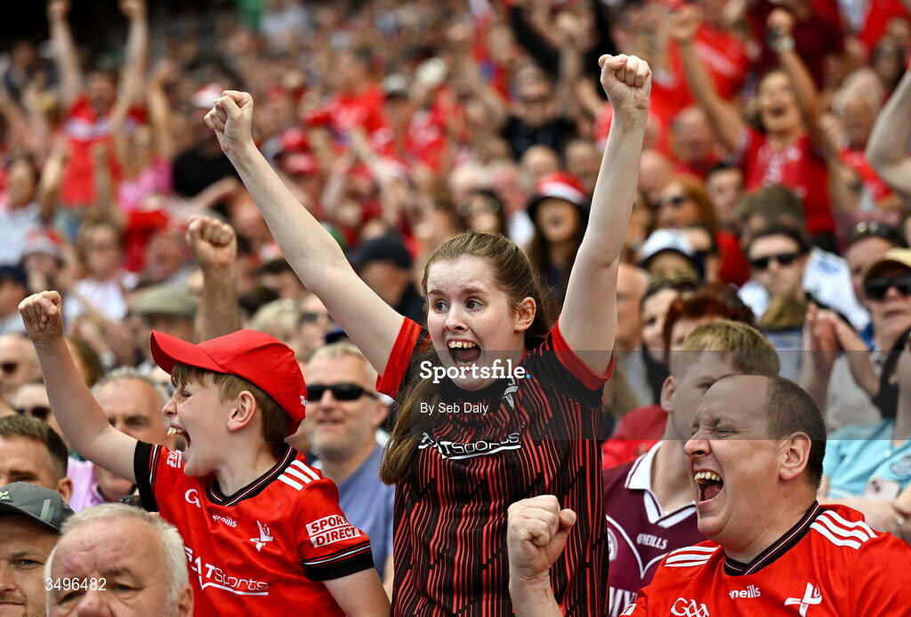 28 June 2026; Louth supporters celebrate during the GAA Football All-Ireland Senior Championship quarter-final match between Louth and Monaghan at Croke Park in Dublin. Photo by Seb Daly/Sportsfile
