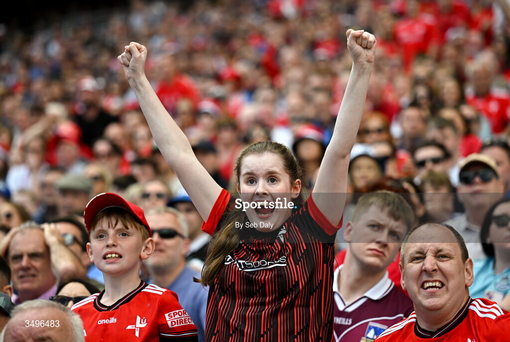 28 June 2026; A Louth supporter celebrates during the GAA Football All-Ireland Senior Championship quarter-final match between Louth and Monaghan at Croke Park in Dublin. Photo by Seb Daly/Sportsfile