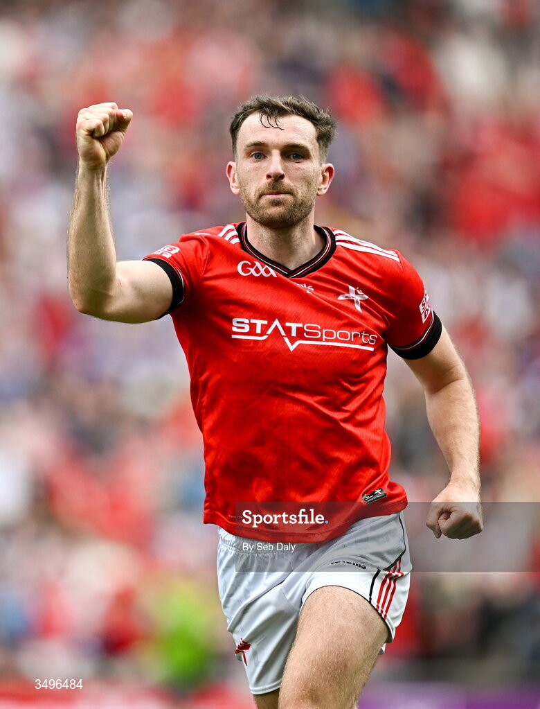 28 June 2026; Sam Mulroy of Louth celebrates at the final whistle after his side's victory in during the GAA Football All-Ireland Senior Championship quarter-final match between Louth and Monaghan at Croke Park in Dublin. Photo by Seb Daly/Sportsfile