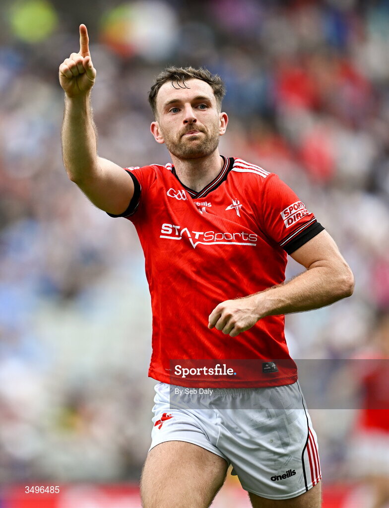 28 June 2026; Sam Mulroy of Louth celebrates at the final whistle after his side's victory in during the GAA Football All-Ireland Senior Championship quarter-final match between Louth and Monaghan at Croke Park in Dublin. Photo by Seb Daly/Sportsfile