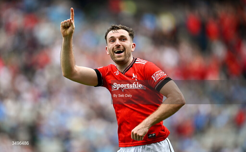 28 June 2026; Sam Mulroy of Louth celebrates at the final whistle after his side's victory in during the GAA Football All-Ireland Senior Championship quarter-final match between Louth and Monaghan at Croke Park in Dublin. Photo by Seb Daly/Sportsfile