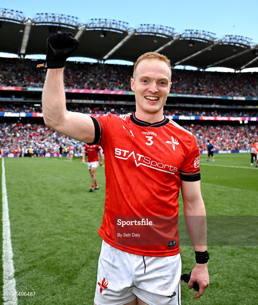 28 June 2026; Donal Mc Kenny of Louth celebrates after his side's victory in the GAA Football All-Ireland Senior Championship quarter-final match between Louth and Monaghan at Croke Park in Dublin. Photo by Seb Daly/Sportsfile