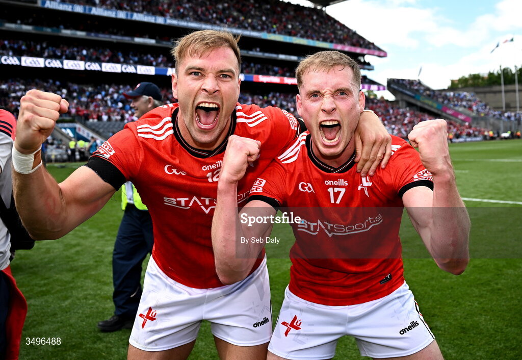 28 June 2026; Louth players Conor Grimes, left, and Ciaran Byrne celebrate after their side's victory in the GAA Football All-Ireland Senior Championship quarter-final match between Louth and Monaghan at Croke Park in Dublin. Photo by Seb Daly/Sportsfile