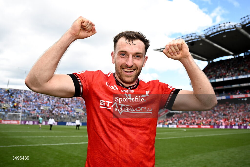 28 June 2026; Sam Mulroy of Louth celebrates after his side's victory in the GAA Football All-Ireland Senior Championship quarter-final match between Louth and Monaghan at Croke Park in Dublin. Photo by Seb Daly/Sportsfile