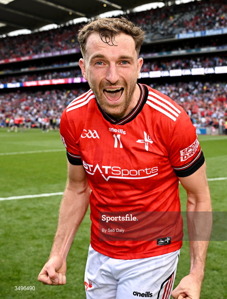 28 June 2026; Sam Mulroy of Louth celebrates after his side's victory in the GAA Football All-Ireland Senior Championship quarter-final match between Louth and Monaghan at Croke Park in Dublin. Photo by Seb Daly/Sportsfile