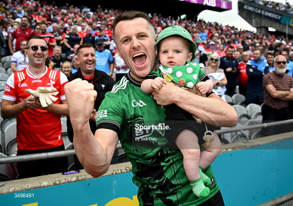 28 June 2026; Louth goalkeeper Niall McDonnell celebrates with his nephew Theo, age 6 months, after his side's victory in the GAA Football All-Ireland Senior Championship quarter-final match between Louth and Monaghan at Croke Park in Dublin. Photo by Seb Daly/Sportsfile