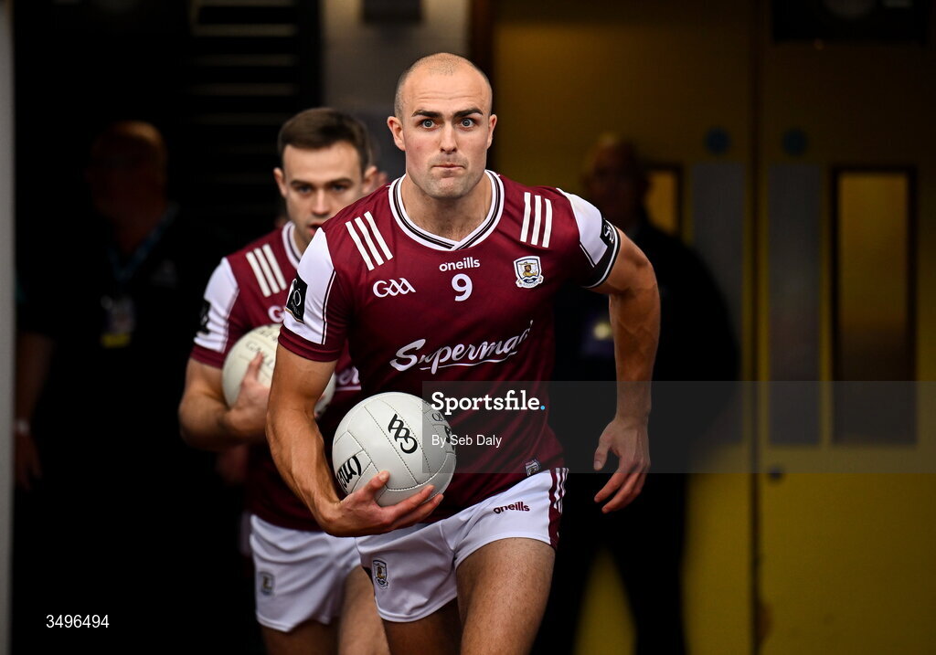 28 June 2026; John Maher of Galway leads his side out before the GAA Football All-Ireland Senior Championship quarter-final match between Dublin and Galway at Croke Park in Dublin. Photo by Seb Daly/Sportsfile