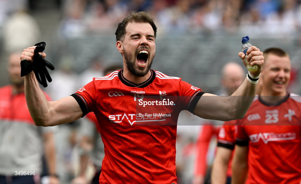 28 June 2026; Conor Early of Louth celebrates after the GAA Football All-Ireland Senior Championship quarter-final match between Louth and Monaghan at Croke Park in Dublin. Photo by Ray McManus/Sportsfile