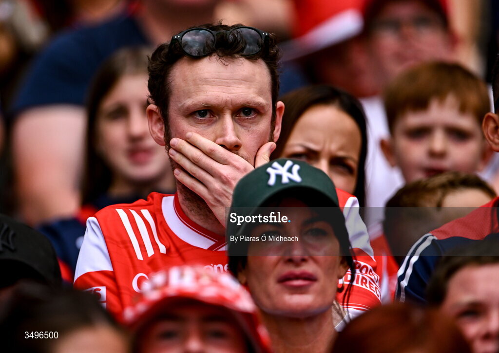 28 June 2026; A Louth supporter during the closing moments of the GAA Football All-Ireland Senior Championship quarter-final match between Louth and Monaghan at Croke Park in Dublin. Photo by Piaras Ó Mídheach/Sportsfile