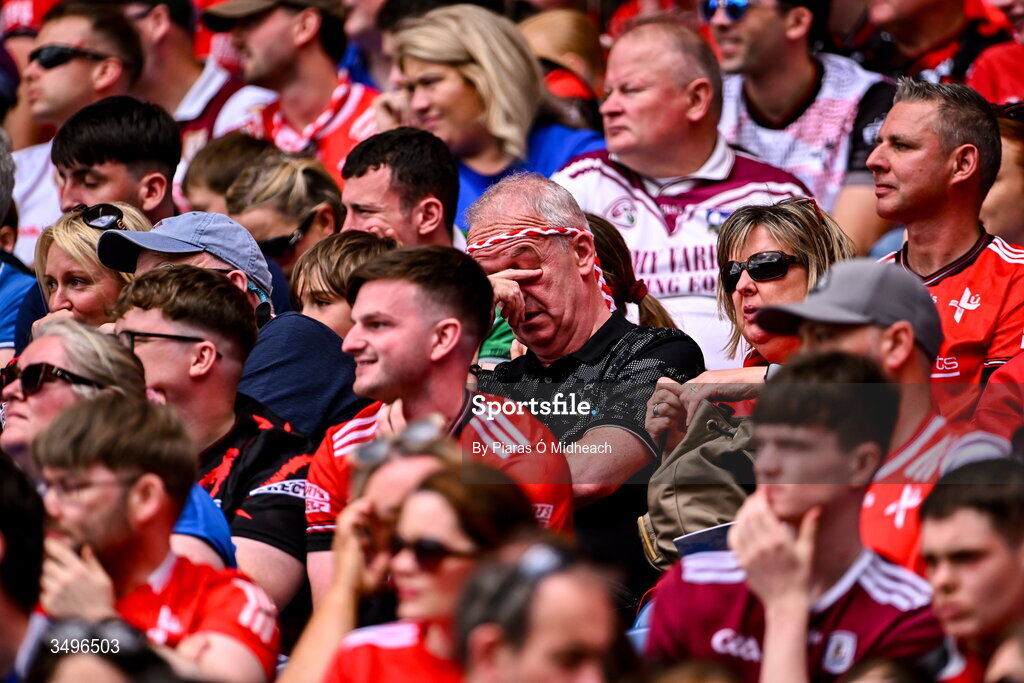 28 June 2026; A Louth supporter can't bear to watch the closing moments of the GAA Football All-Ireland Senior Championship quarter-final match between Louth and Monaghan at Croke Park in Dublin. Photo by Piaras Ó Mídheach/Sportsfile