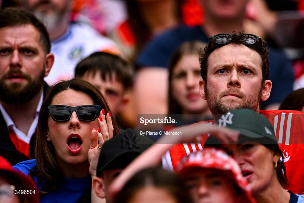 28 June 2026; Louth supporters during the closing moments of the GAA Football All-Ireland Senior Championship quarter-final match between Louth and Monaghan at Croke Park in Dublin. Photo by Piaras Ó Mídheach/Sportsfile
