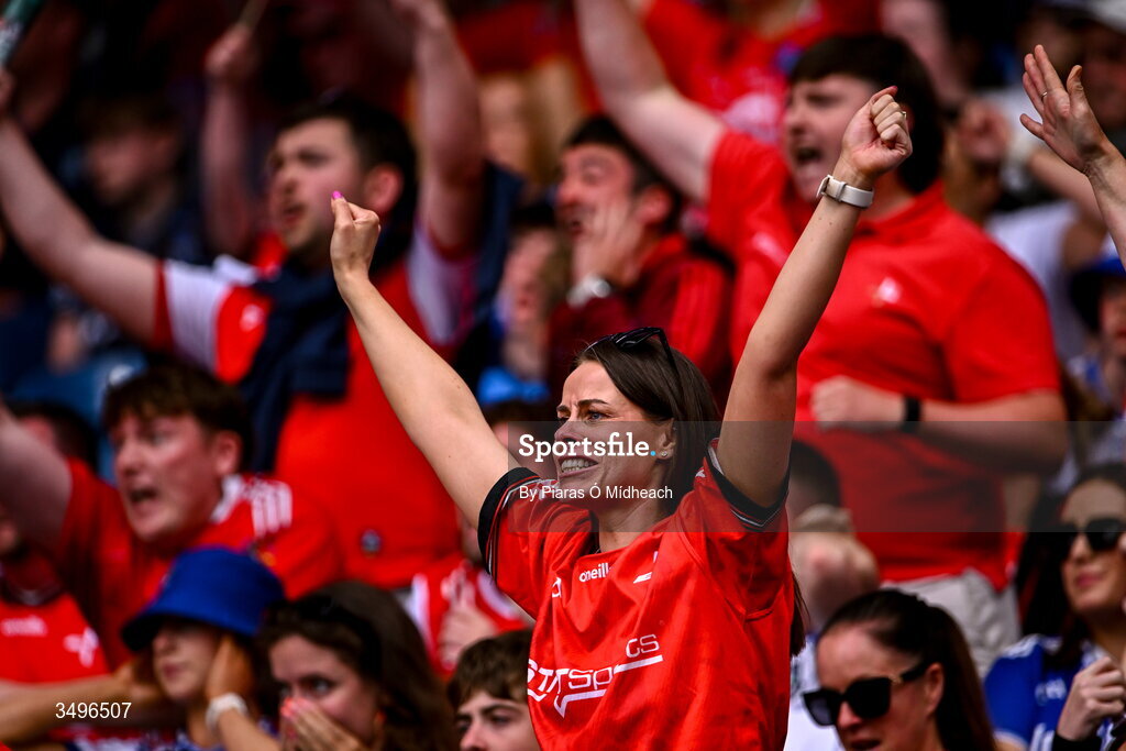28 June 2026; A Louth supporter during the closing moments of the GAA Football All-Ireland Senior Championship quarter-final match between Louth and Monaghan at Croke Park in Dublin. Photo by Piaras Ó Mídheach/Sportsfile
