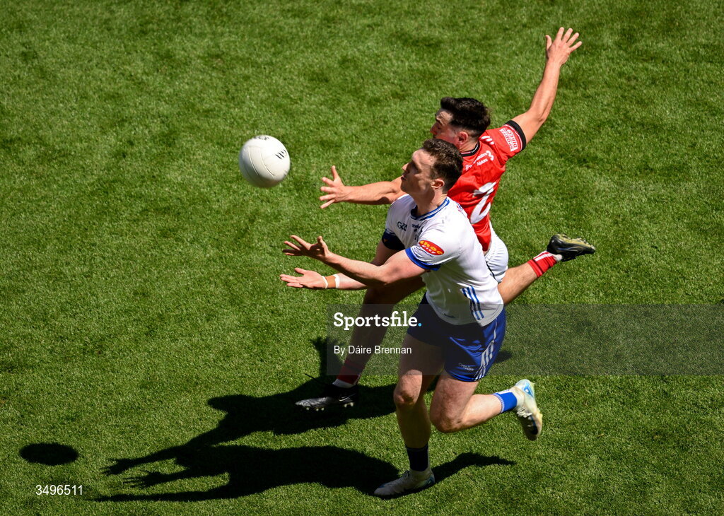 28 June 2026; Killian Lavelle of Monaghan in action against Emmet Carolan of Louth during the GAA Football All-Ireland Senior Championship quarter-final match between Louth and Monaghan at Croke Park in Dublin. Photo by Daire Brennan/Sportsfile