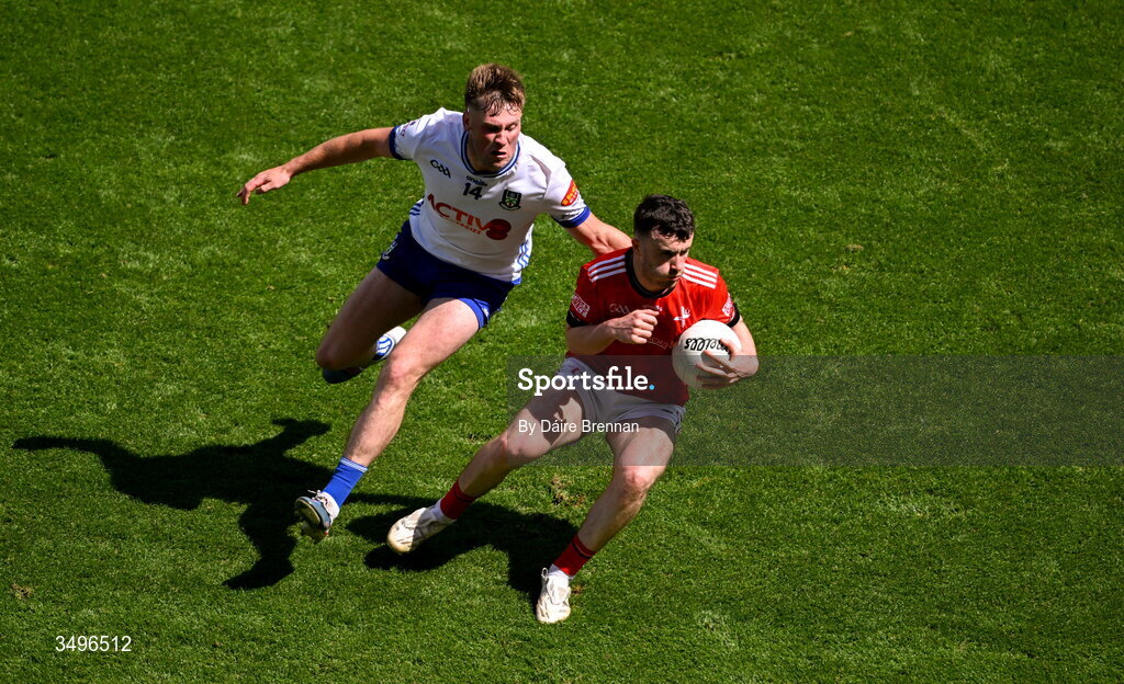 28 June 2026; Daire Nally of Louth in action against Andrew Woods of Monaghan during the GAA Football All-Ireland Senior Championship quarter-final match between Louth and Monaghan at Croke Park in Dublin. Photo by Daire Brennan/Sportsfile