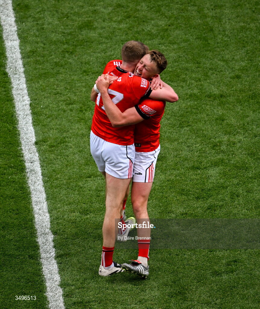 28 June 2026; Ciaran Byrne, left, and Ryan Burns of Louth celebrate after the GAA Football All-Ireland Senior Championship quarter-final match between Louth and Monaghan at Croke Park in Dublin. Photo by Daire Brennan/Sportsfile