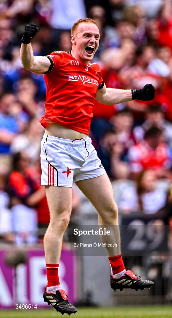 28 June 2026; Donal McKenny of Louth celebrates after his side's victory in the GAA Football All-Ireland Senior Championship quarter-final match between Louth and Monaghan at Croke Park in Dublin. Photo by Piaras Ó Mídheach/Sportsfile