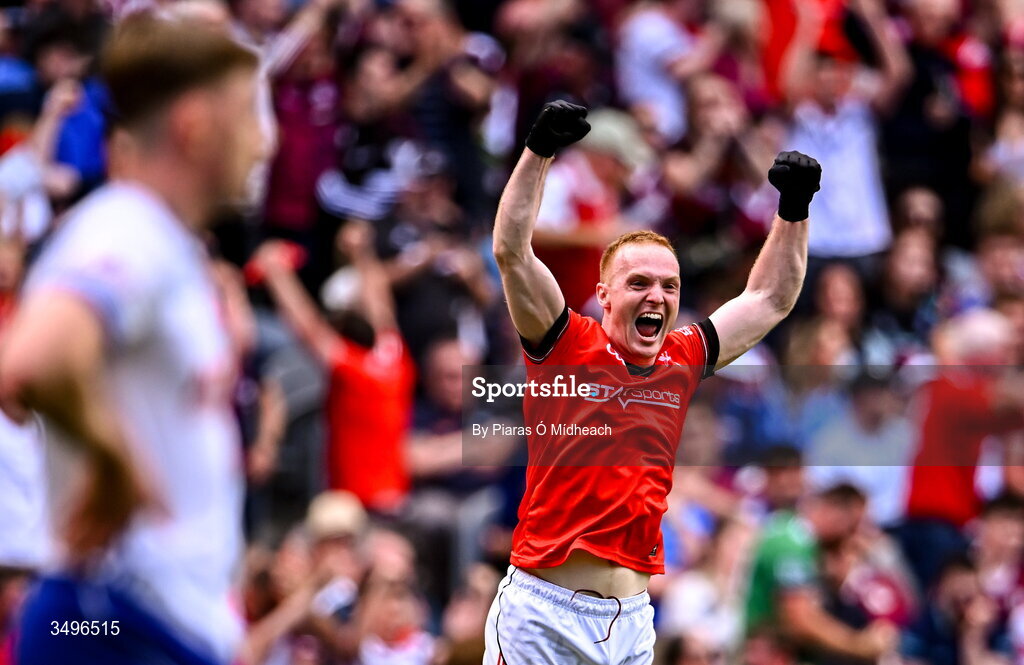 28 June 2026; Donal McKenny of Louth celebrates after his side's victory in the GAA Football All-Ireland Senior Championship quarter-final match between Louth and Monaghan at Croke Park in Dublin. Photo by Piaras Ó Mídheach/Sportsfile