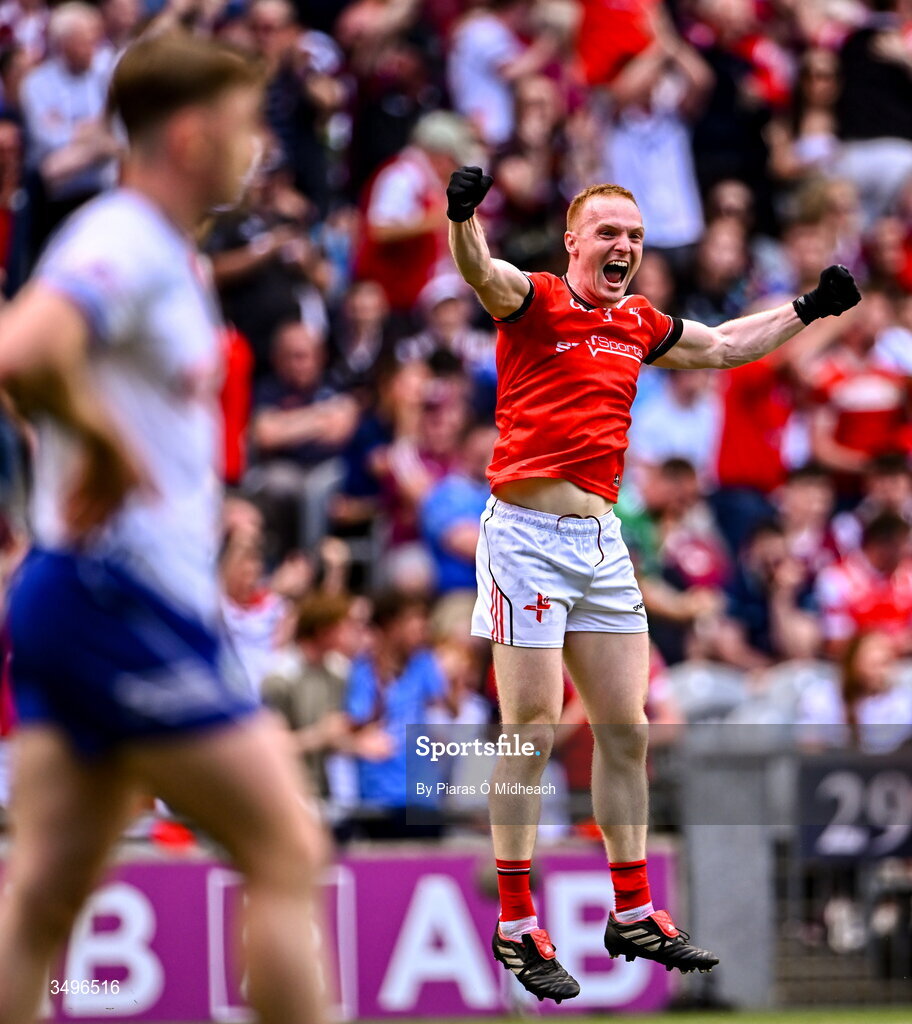 28 June 2026; Donal McKenny of Louth celebrates after his side's victory in the GAA Football All-Ireland Senior Championship quarter-final match between Louth and Monaghan at Croke Park in Dublin. Photo by Piaras Ó Mídheach/Sportsfile