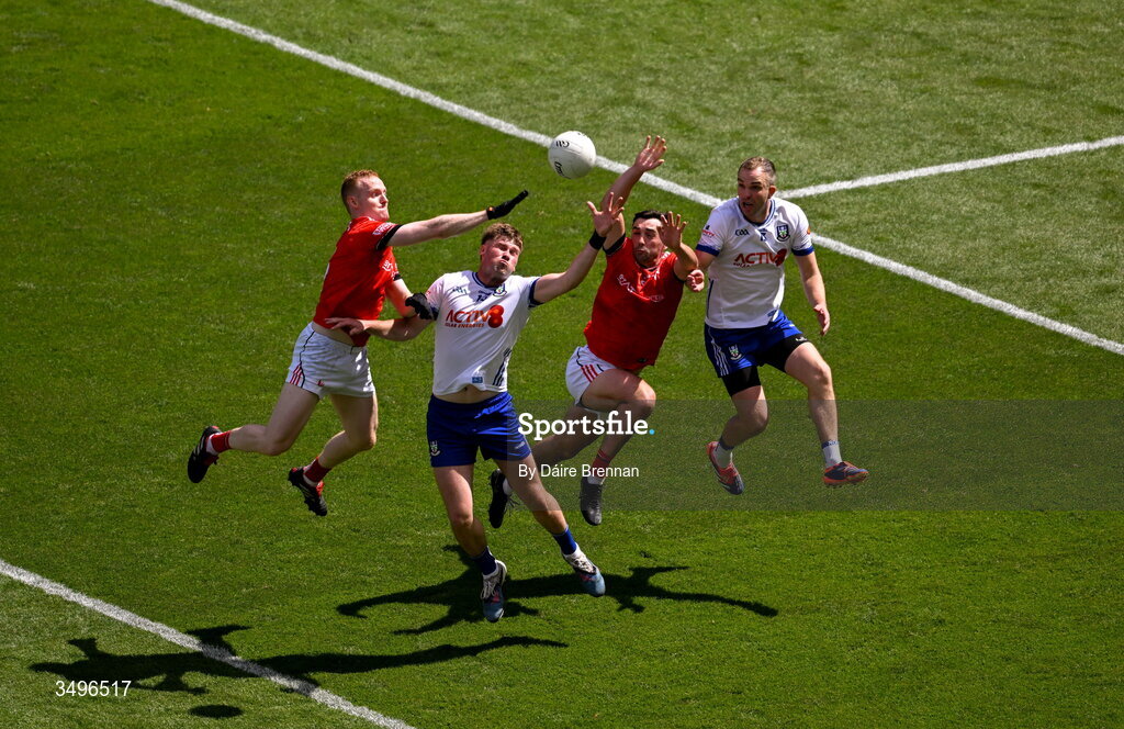 28 June 2026; Andrew Woods, left, and Jack McCarron of Monaghan in action against Donal McKenny, left, and Daire Nally of Louth during the GAA Football All-Ireland Senior Championship quarter-final match between Louth and Monaghan at Croke Park in Dublin. Photo by Daire Brennan/Sportsfile