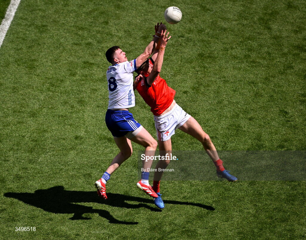 28 June 2026; Dara McDonnell of Louth in action against Mícheál McCarville of Monaghan during the GAA Football All-Ireland Senior Championship quarter-final match between Louth and Monaghan at Croke Park in Dublin. Photo by Daire Brennan/Sportsfile