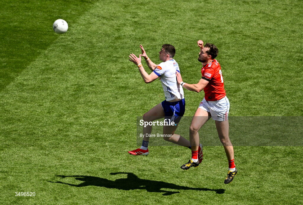 28 June 2026; Mícheál McCarville of Monaghan in action against Conor Early of Louth during the GAA Football All-Ireland Senior Championship quarter-final match between Louth and Monaghan at Croke Park in Dublin. Photo by Daire Brennan/Sportsfile