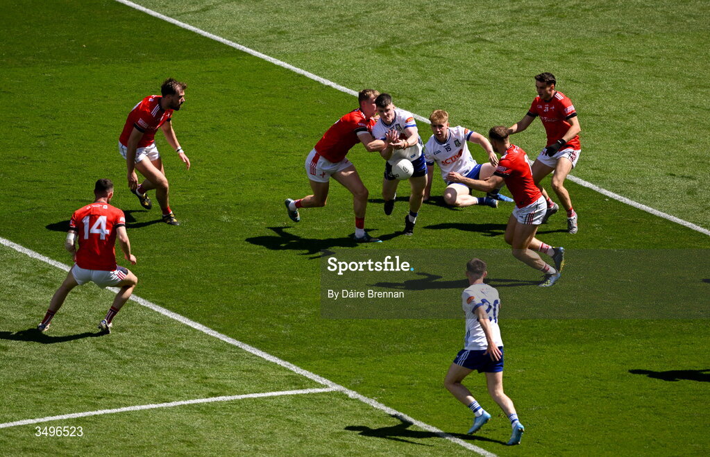 28 June 2026; Stephen O'Hanlon of Monaghan in action against Paul Matthews of Louth during the GAA Football All-Ireland Senior Championship quarter-final match between Louth and Monaghan at Croke Park in Dublin. Photo by Daire Brennan/Sportsfile