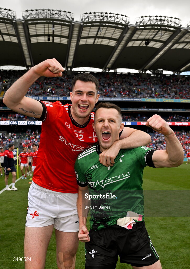 28 June 2026; Conall Mccaul of Louth, left, and Louth goalkeeper Niall McDonnell celebrates after his side's victory in the GAA Football All-Ireland Senior Championship quarter-final match between Louth and Monaghan at Croke Park in Dublin. Photo by Sam Barnes/Sportsfile