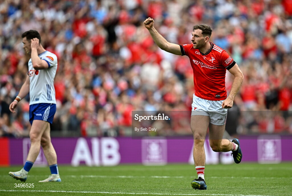 28 June 2026; Sam Mulroy of Louth celebrates at the final whistle after his side's victory in during the GAA Football All-Ireland Senior Championship quarter-final match between Louth and Monaghan at Croke Park in Dublin. Photo by Seb Daly/Sportsfile