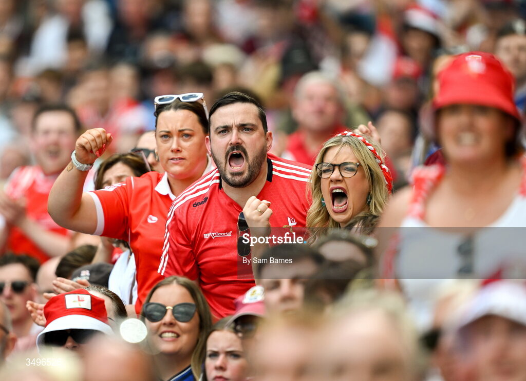 28 June 2026; Louth supporters celebrate during the GAA Football All-Ireland Senior Championship quarter-final match between Louth and Monaghan at Croke Park in Dublin. Photo by Sam Barnes/Sportsfile