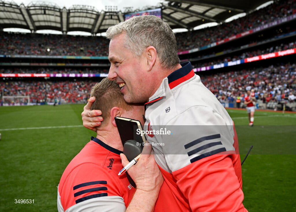 28 June 2026; Louth manager Gavin Devlin, right, celebrates with support staff after their side's victory in the GAA Football All-Ireland Senior Championship quarter-final match between Louth and Monaghan at Croke Park in Dublin. Photo by Sam Barnes/Sportsfile
