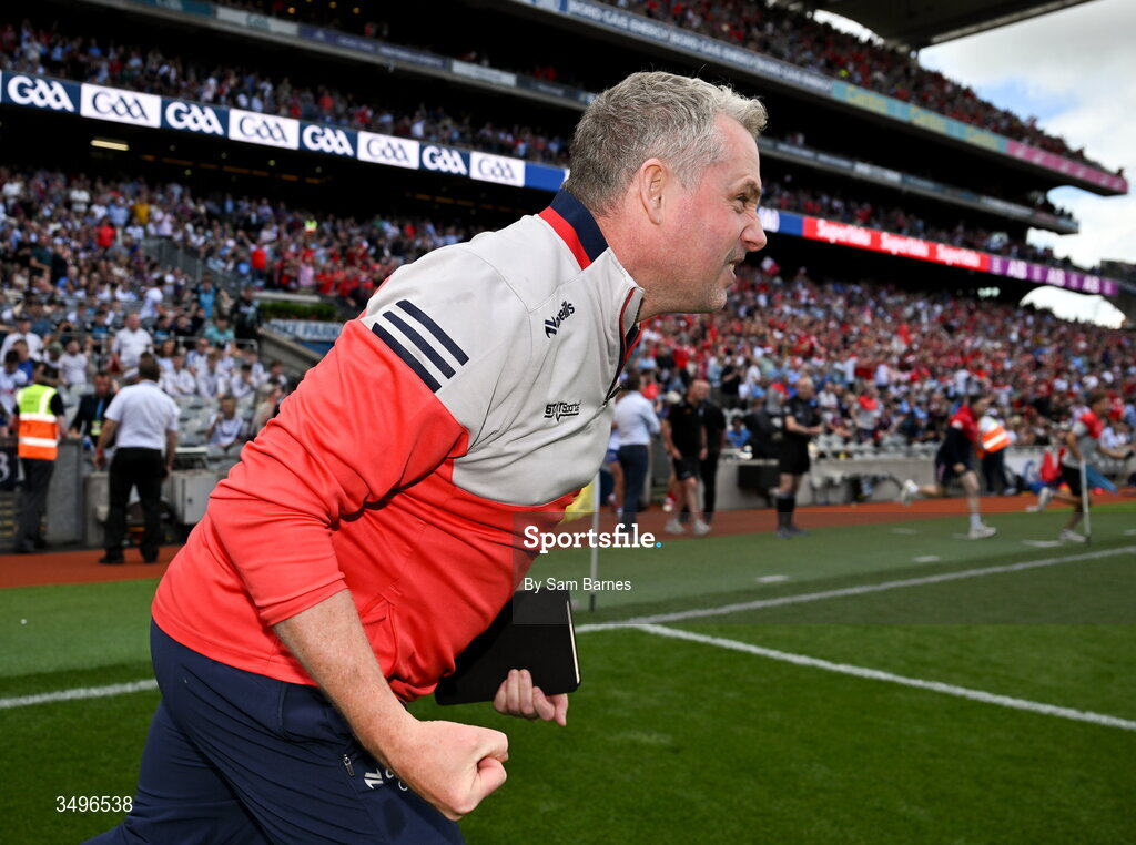 28 June 2026; Louth manager Gavin Devlin celebrates after his victory in the GAA Football All-Ireland Senior Championship quarter-final match between Louth and Monaghan at Croke Park in Dublin. Photo by Sam Barnes/Sportsfile